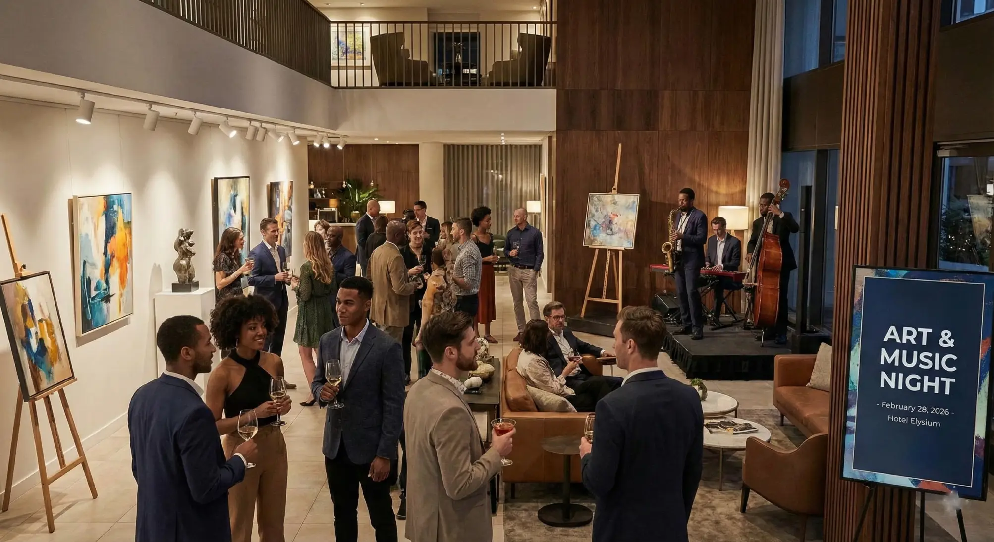 a group of people standing around in a room