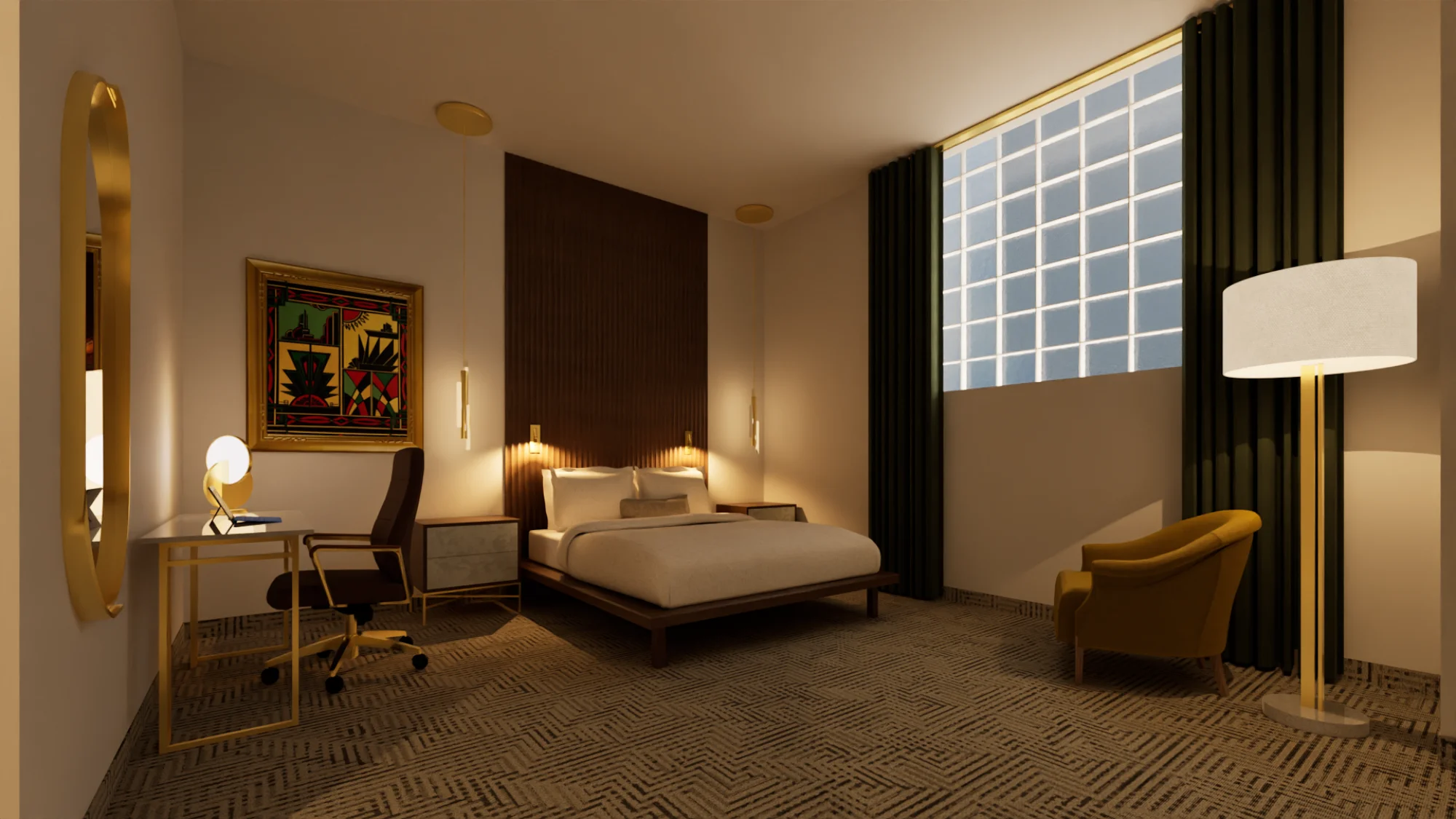 a hotel room with a bed, desk and chair