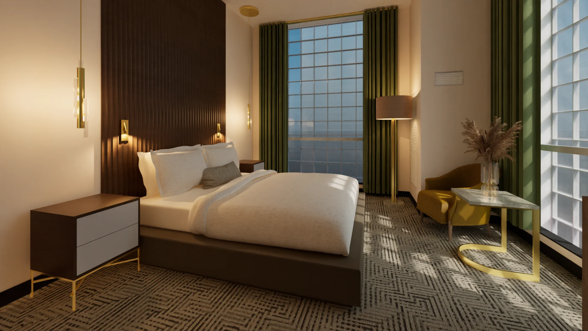 a bedroom with a large bed and a large window