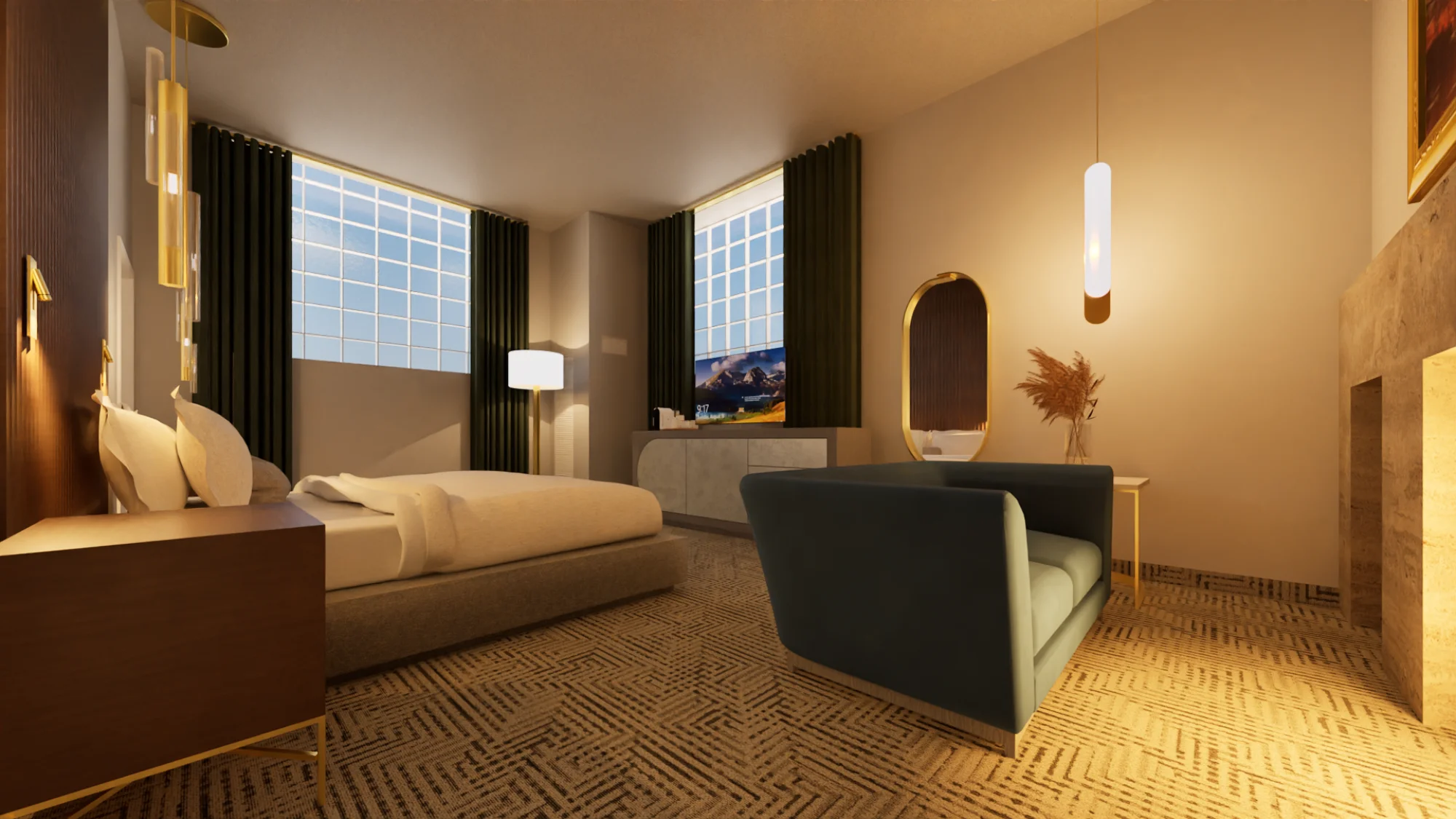 a room with a bed, a chair and a fireplace