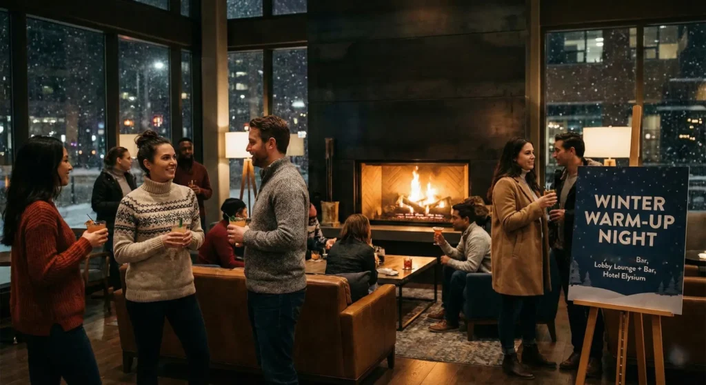 a group of people standing around a fire place