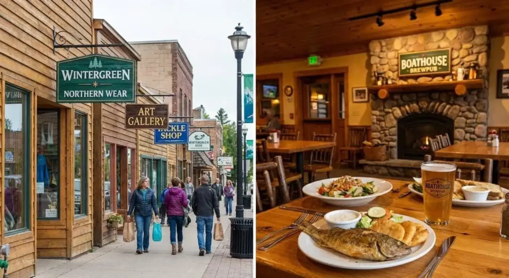 a couple of people walking down a street next to a restaurant